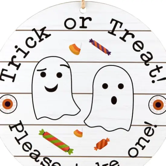 12" White Hanging Double-Sided Trick or Treat/Out of Candy Round Plank Sign {4}