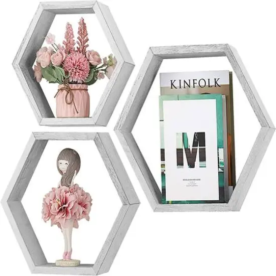 Rustic Gray Floating Hexagonal Shelf Set {1}