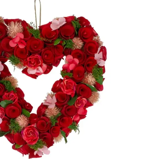 Red Wooden Rose Floral Heart Shaped Artificial Valentine's Day Wreath 10" {4}