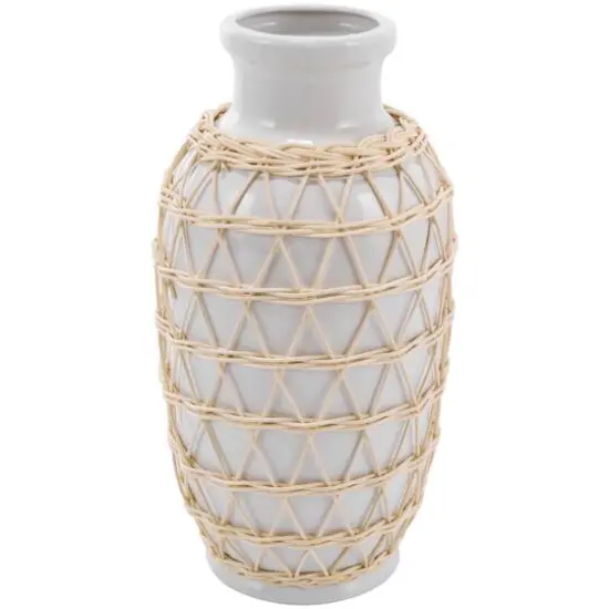 14" White Ceramic Vase with Woven Rattan Exterior {1}