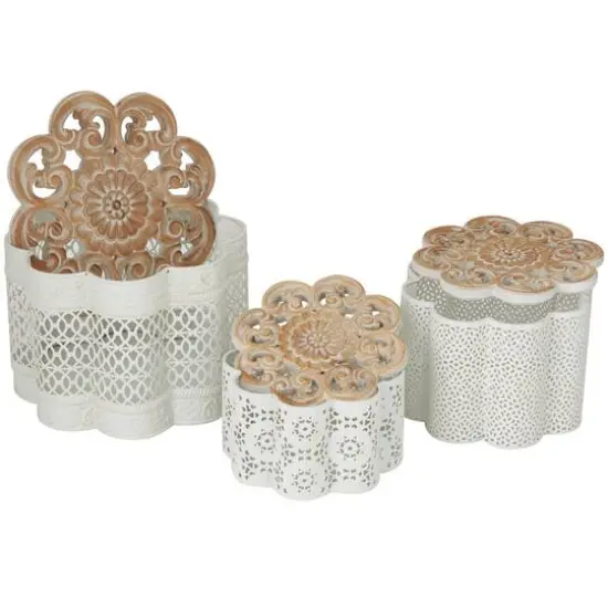 White Metal Quatrefoil Decorative Jars with Wood Carved Lids Set {7}