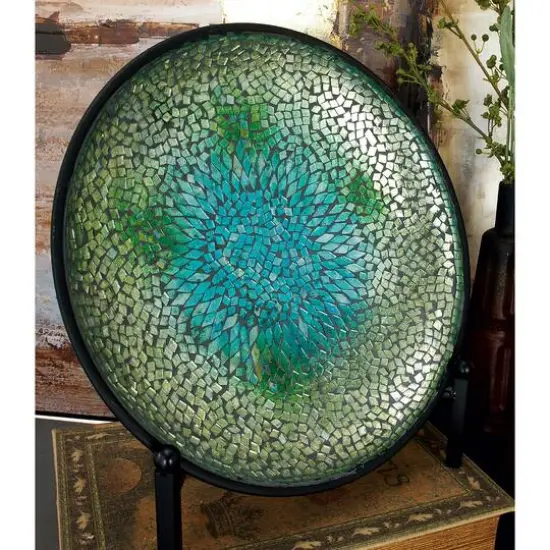 14" Green & Blue Glass Glam Decorative Plate with Stand {9}