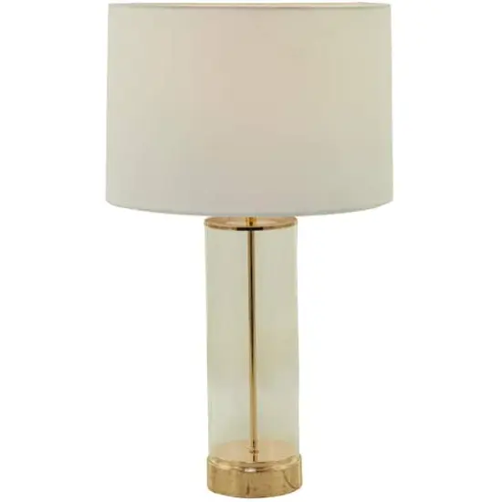 CosmoLiving by Cosmopolitan Gold Tempered Glass Transparent Base Table Lamp with Drum Shade 14" x 14" x 25" {1}
