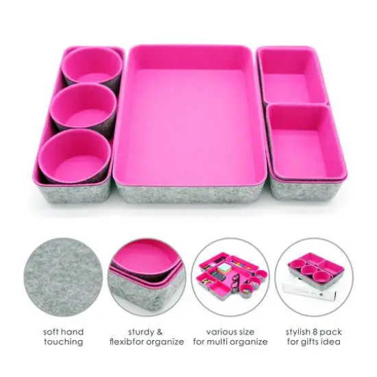 Welaxy 8 Piece Felt Round Cups & Trays Drawer Organizer Set Hot Pink {4}