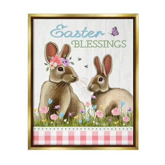 Stupell Industries Easter Blessings Gingham Spring Bunnies Floater Framed Art Gold {1}