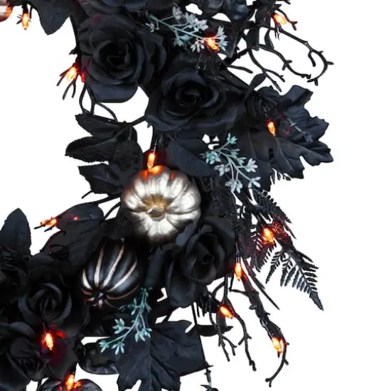 24" Chic Eek Black Flower & Pumpkin Halloween Pre-Lit LED Wreath {4}