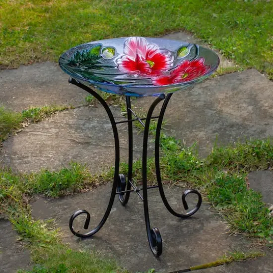 21'' Butterfly and Carnations Hand Painted Glass Birdbath {3}