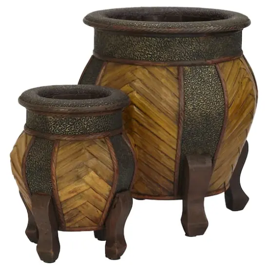 Brown Decorative Rounded Wood Planters Set {1}