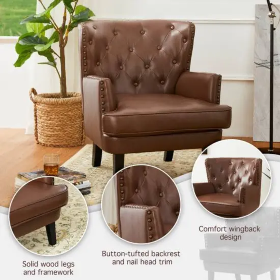 Glitzhome&reg; Modern Leatherette Button-Tufted Accent Armchair Coffee {7}