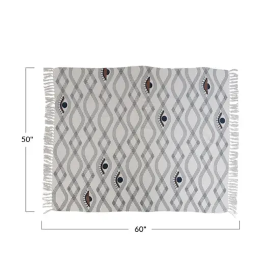 Hello Honey&reg; Recycled Cotton Blend Printed Throw Blanket with Eye Pattern and Fringe, Cream and Brown {3}