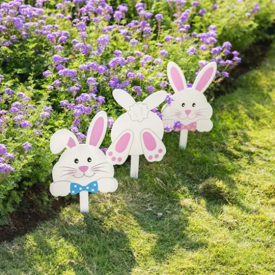 Glitzhome&reg; 15" Set of 3 Easter Wooden Bunny Pick or Yard Stake {5}