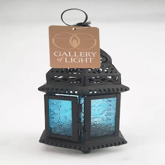 10" Black Moroccan Style Hanging Candle Lantern with Etched Blue Glass {6}
