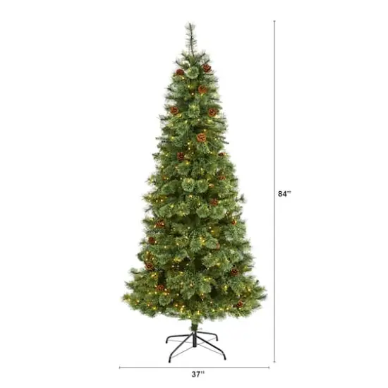 7ft. Pre-Lit White Mountain Pine & Pinecones Artificial Christmas Tree with Clear LED Lights {3}