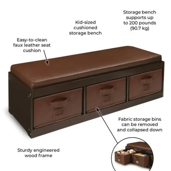 Badger Basket Kid's Cushioned Storage Bench With Three Bins Espresso {7}