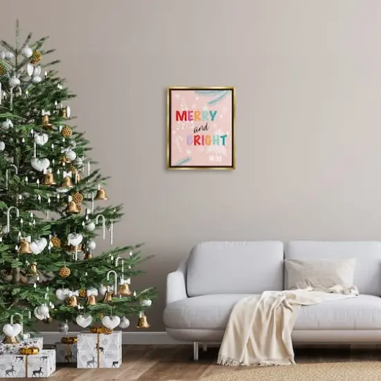Stupell Industries Merry & Bright Pastel Phrase Framed Floater Canvas Wall Art Gold {3}