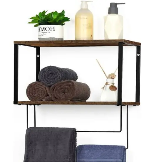 Brown Wood Wall Mount Bathroom 2 Tier Towel Shelf  {3}