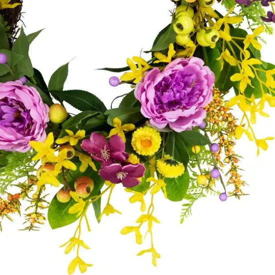 24" Yellow & Purple Peonies & Forsythia Spring Wreath {7}