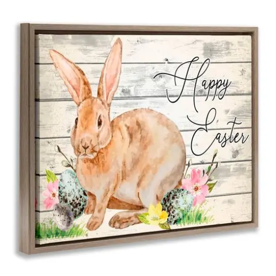 Stupell Industries Spring Floral Happy Easter Bunny Floater Framed Art Brown {4}