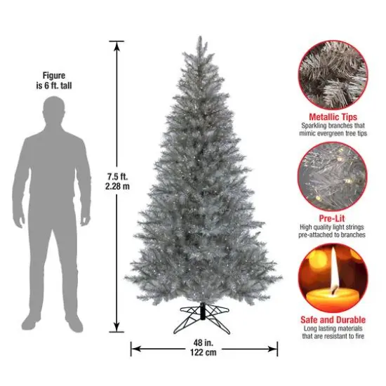7.5ft. Pre-Lit Crystal Silver Metallic Artificial Christmas Tree, Multicolor LED Lights {7}