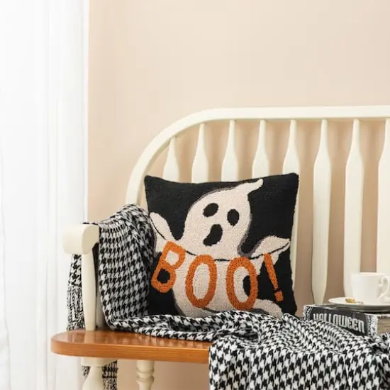 Glitzhome&reg; 14" Hooked Halloween Ghost "BOO" Pillow {5}