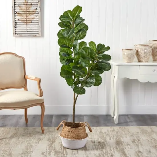 4.5ft. Fiddle Leaf Fig Artificial Tree with Boho Chic Handmade Cotton & Jute White Woven Planter {4}