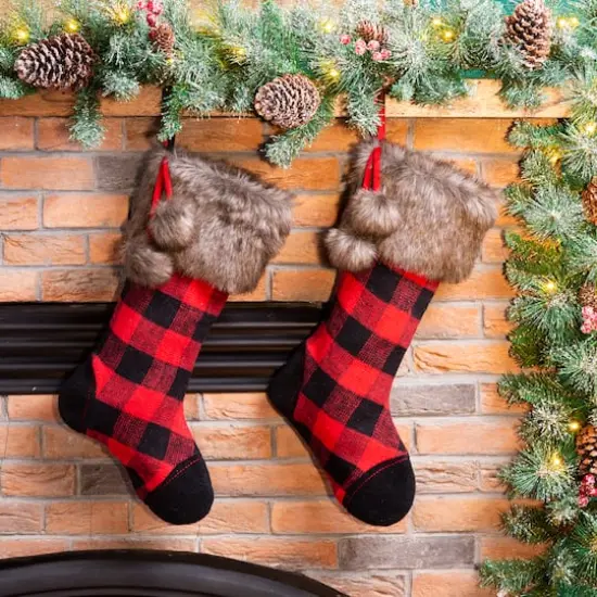 Glitzhome&reg; 21" Black And Red Buffalo Plaid Pompom Stocking, Set Of 2 {3}
