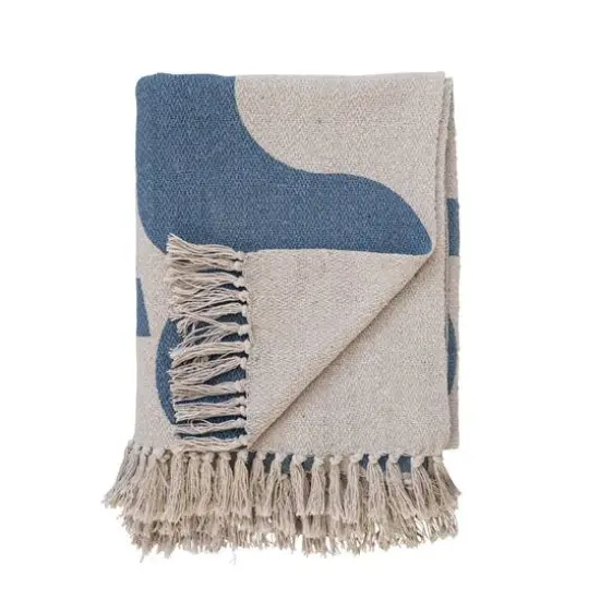 Hello Honey&reg; Blue & Beige Abstract Design Printed Woven Reclaimed Cotton Blend Throw Sheet with Fringe {7}