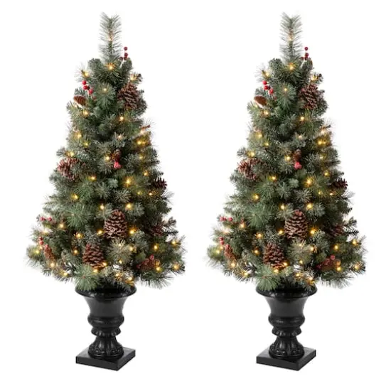 2 Pack 4ft. Pre-Lit Flocked Pinecone & Berry Fir Artificial Christmas Tree in Planter, Warm White Lights {1}