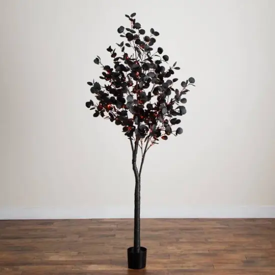 7ft. Pre-Lit Artificial Halloween Black Eucalyptus Tree with 420 Orange & Purple LED Lights {10}