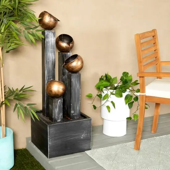 42" Dark Gray Metal Whitewashed Elevated Pillar Fountain with Round Copper Pots {8}