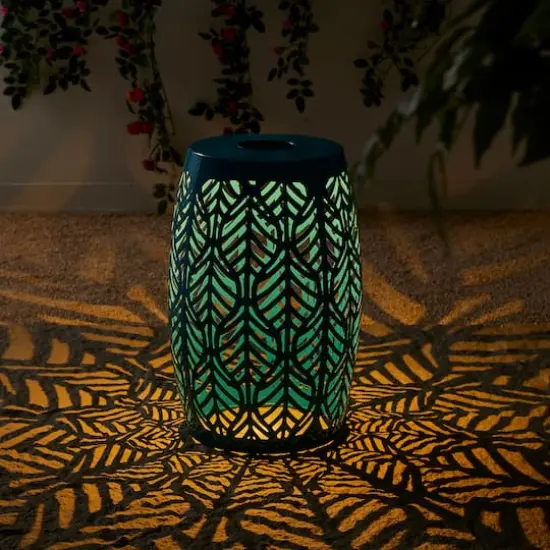 Glitzhome&reg; 18.25" Multifunctional Solar Powdered Iron Leaf Cutout Garden Stool Blue {5}