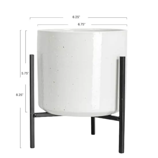 Hello Honey&reg; 8" White Stoneware Flower Pot with Black Metal Stand {5}