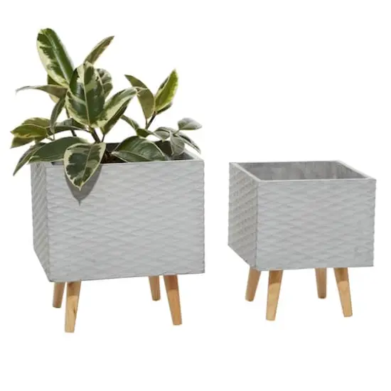 Set of 2 Grey Polystone Contemporary Planter, 15", 17" {1}
