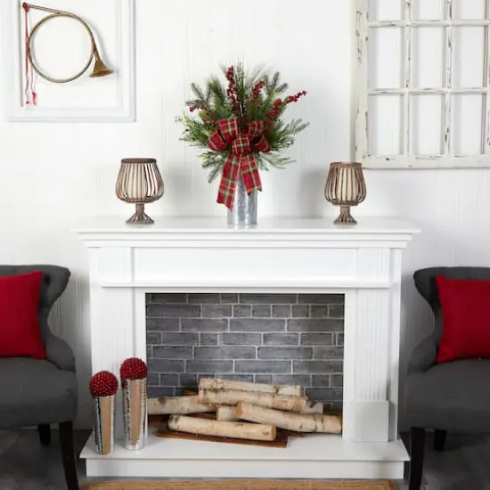 28" Holiday Winter Greenery, Berries & Plaid Bow Artificial Christmas Arrangement {5}