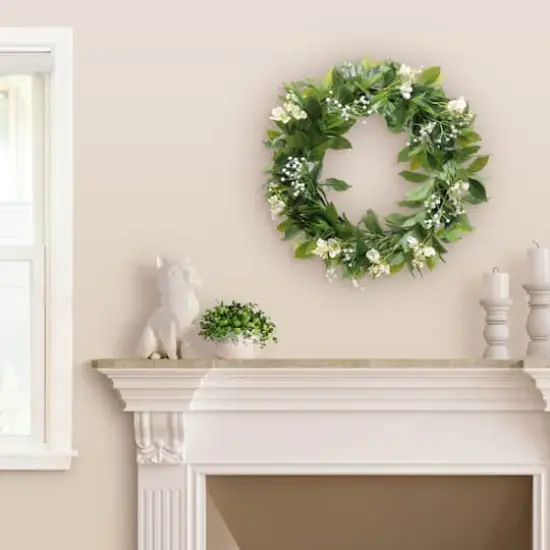 24" Artificial Gypsophila Dogwood Floral Banyan Leaves Spring Wreath {3}
