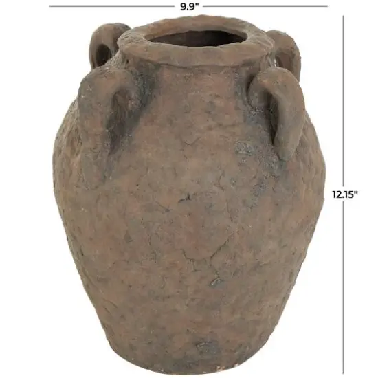 12" Dark Brown Ceramic Handmade Textured Vase with 4 Handles {9}