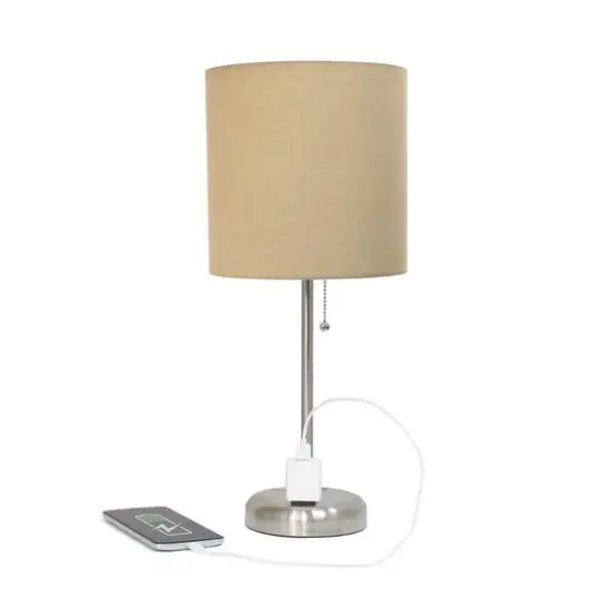 Creekwood Home Oslo 19.5" Power Outlet Table Lamp Brushed Steel Base/Tan Shade {7}