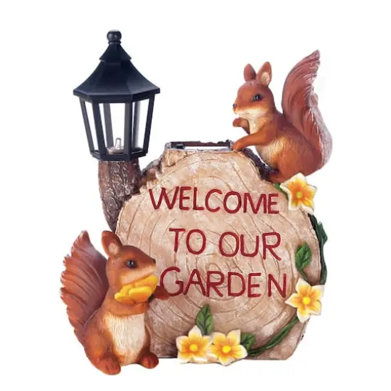 9.5" Solar Welcome To Our Garden Squirrels Statue {1}
