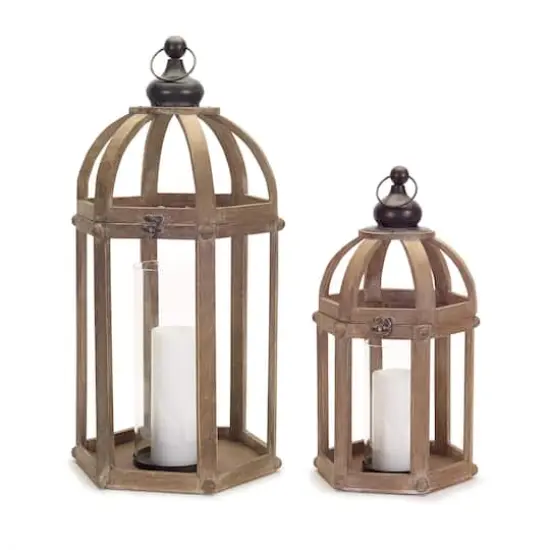 Black and Brown Wood, Metal & Glass Lantern Set, 12'' & 28'' {1}