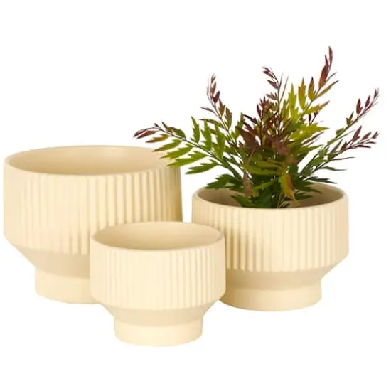 Linear Grooves Wide Ceramic Planter Set Cream {1}