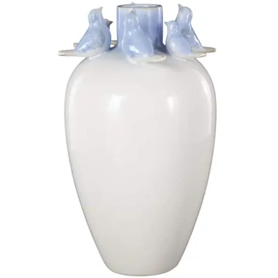 15" White with Blue Bird Accents Ceramic Decorative Vase {1}