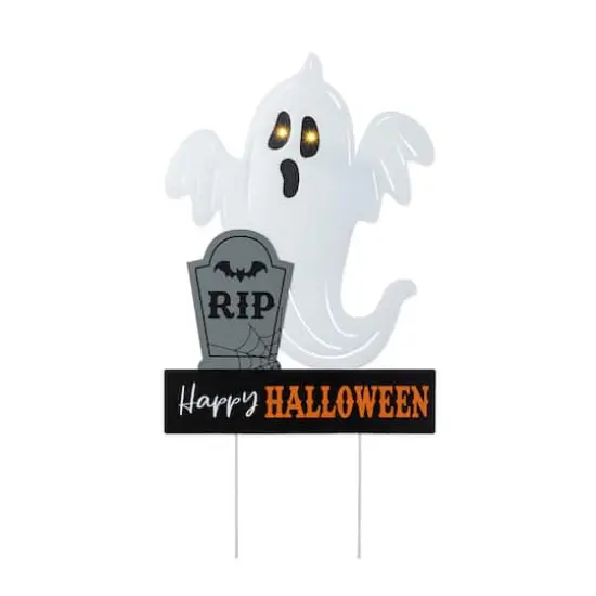 Glitzhome&reg; 32.25"H Lighted Halloween Metal Ghost Tombstone Yard Stake with Timer {1}