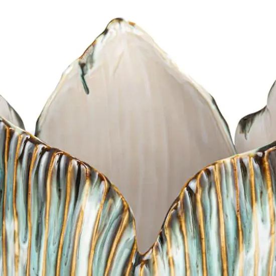 Hello Honey&reg; 12" Green & White Pleated Sculptural Stoneware Vase with Reactive Glaze {7}