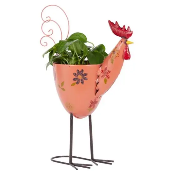 20" Pink Iron Eclectic Rooster Planter {1}