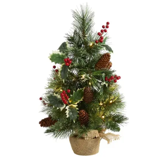 18" Pre-Lit Mixed Pine Artificial Christmas Tree with Holly Berries & Pinecones, Clear LED Lights {1}
