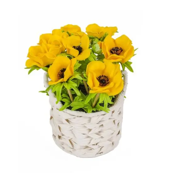 10" Anemone Flower Bouquet In White Basket Yellow {6}