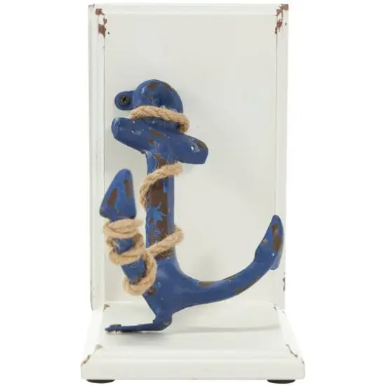 8" Blue Wood Anchor Distressed Bookends with Rope Accents & White Wood Stands Set {6}
