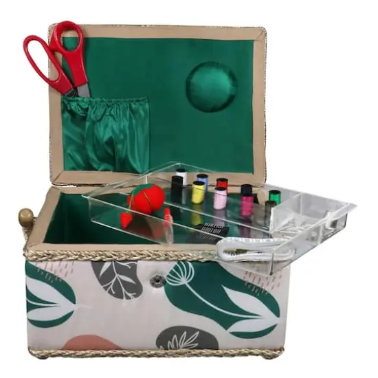 SINGER&reg; Large Tan Organic Print Sewing Basket with Sewing Scissors & Notions {3}