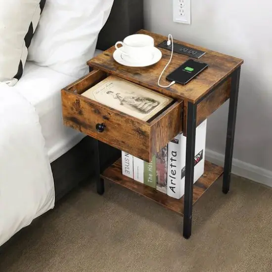 NEX&trade; Rustic Brown Nightstand End Table with USB Ports & Power Outlets {3}