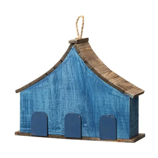 Glitzhome&reg; 15" Blue Distressed Wood Birdhouse with Flowers {7}